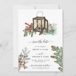 Elegante winter rustieke dennenbomen lantaarn brui save the date