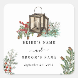 Elegante winter rustieke dennenbomen lantaarn brui vierkante sticker