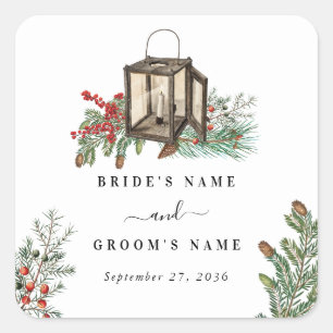 Elegante winter rustieke dennenbomen lantaarn brui vierkante sticker