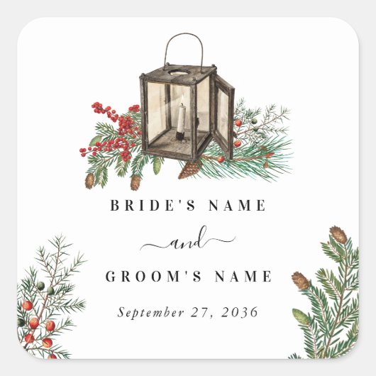 Elegante winter rustieke dennenbomen lantaarn brui vierkante sticker (Voorkant)