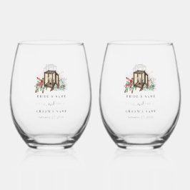 Elegante winter rustieke dennenbomen lantaarn brui wijnglas zonder voet