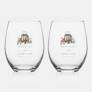 Elegante winter rustieke dennenbomen lantaarn brui wijnglas zonder voet