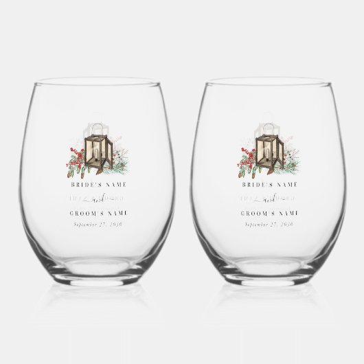 Elegante winter rustieke dennenbomen lantaarn brui wijnglas zonder voet (Voorkant)