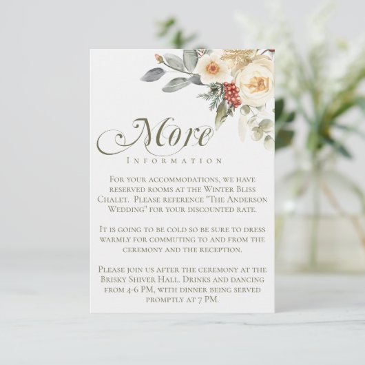 Elegante Winter Script Kalligrafie Bloemenbruiloft Informatiekaartje (Staand voorkant)
