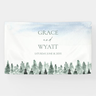 Elegante Winter Sneeuw Groen Dennenbomen Trouwen Spandoek