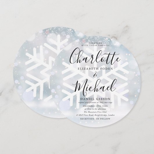 Elegante Winter Sneeuwvlokken Cirkelbruiloft Kaart (Voorkant / Achterkant)
