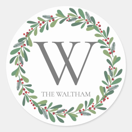 Elegante Winter Sprigs Monogram Kerstvakantie Ronde Sticker (Voorkant)