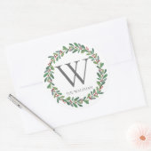 Elegante Winter Sprigs Monogram Kerstvakantie Ronde Sticker (Envelop)