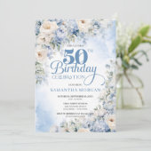 Elegante Winter Stoffig Blauw en Ivoor Bloemen Kaart (Staand voorkant)