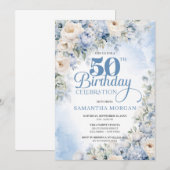 Elegante Winter Stoffig Blauw en Ivoor Bloemen Kaart (Voorkant / Achterkant)