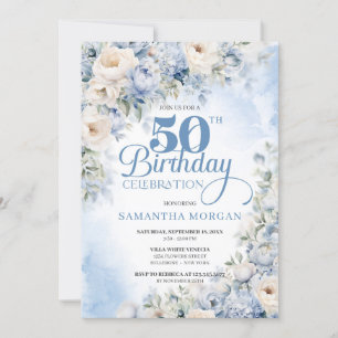 Elegante Winter Stoffig Blauw en Ivoor Bloemen Kaart