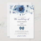 Elegante winter stoffige blauwe bloemen bruiloft kaart (Voorkant)