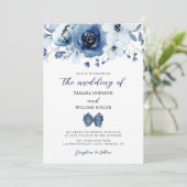 Elegante winter stoffige blauwe bloemen bruiloft kaart (Staand voorkant)