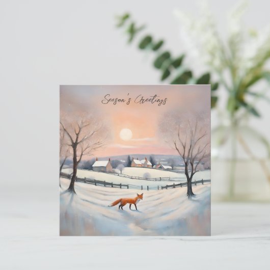 Elegante Winter Vos Sneeuw Scène Landschap Kerstmi Feestdagenkaart (Staand voorkant)