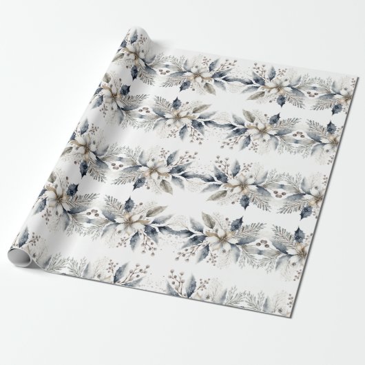 Elegante Winter Waterverf Bloemen Kerstmis Cadeaupapier (Uitgerold)