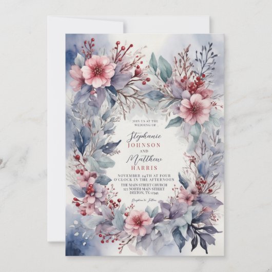 Elegante Winter Waterverf Bloemenbessen Bruiloft Kaart (Voorkant)