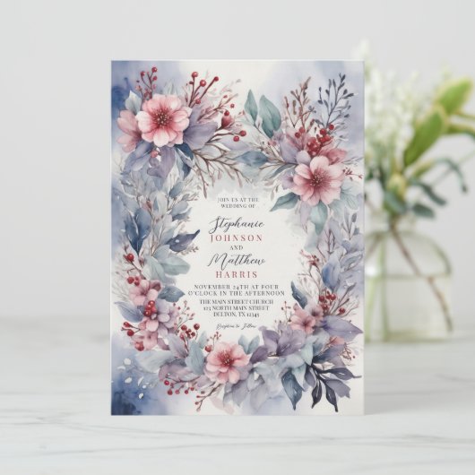 Elegante Winter Waterverf Bloemenbessen Bruiloft Kaart (Staand voorkant)