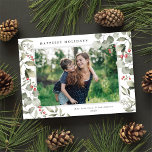 Elegante Winter Waterverf groen botanische foto Feestdagenkaart<br><div class="desc">Deze elegante vakantiefotokaart heeft een enkele horizontale foto omlijst door prachtige waterverf eucalyptus,  hulst en bessen op een klassieke witte achtergrond. De bewerkbare begroeting op de voorkant zegt "Gelukkigste Feestdagen". De achterkant van de kaart is een feestelijke rode achtergrond waaraan u nog een foto en/of extra tekst kunt toevoegen.</div>