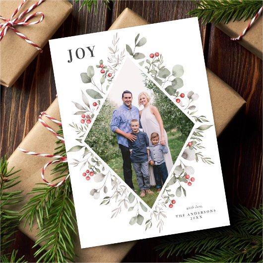 Elegante Winter Waterverf groen wit foto Feestdagenkaart