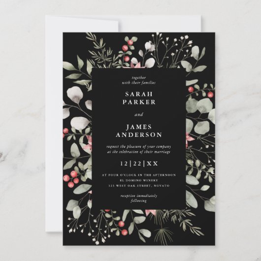 Elegante Winter Waterverf groen zwart bruiloft Kaart (Voorkant)