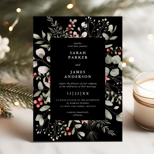 Elegante Winter Waterverf groen zwart bruiloft Kaart