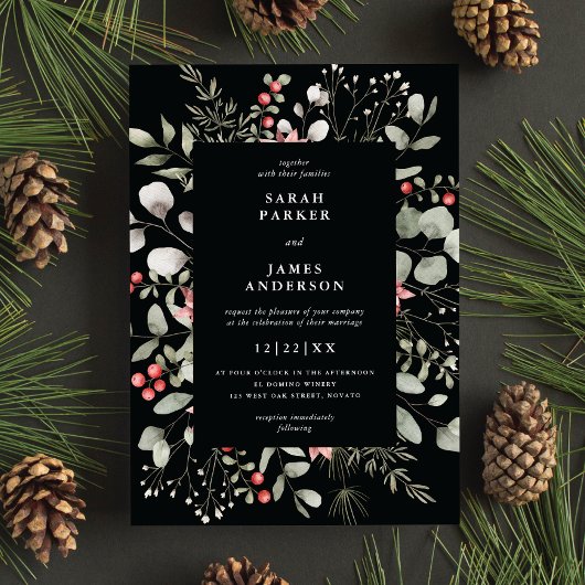 Elegante Winter Waterverf groen zwart bruiloft Kaart