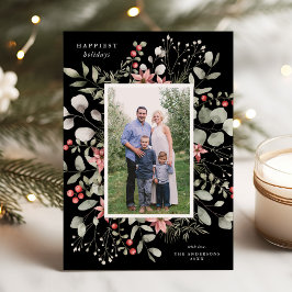 Elegante Winter Waterverf groen zwart foto Feestdagenkaart