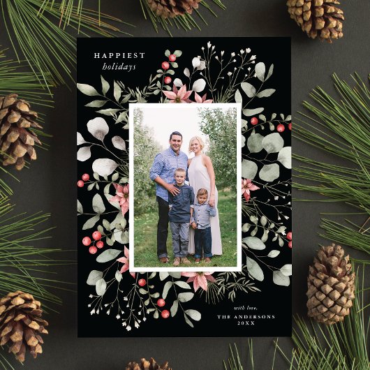 Elegante Winter Waterverf groen zwart foto Feestdagenkaart