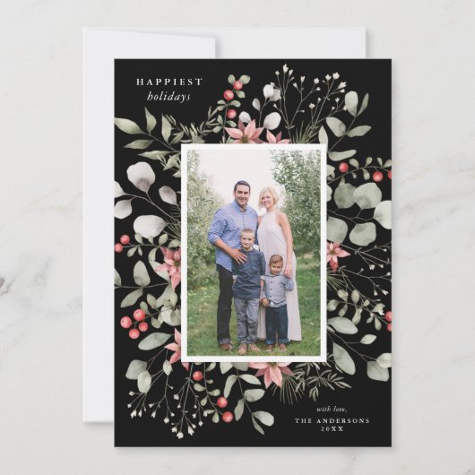 Elegante Winter Waterverf groen zwart foto Feestdagenkaart (Voorkant)