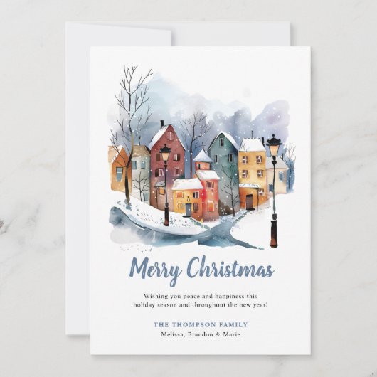 Elegante Winter Waterverf Huizen Blauwe Kerst Feestdagenkaart (Voorkant)