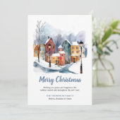 Elegante Winter Waterverf Huizen Blauwe Kerst Feestdagenkaart (Staand voorkant)