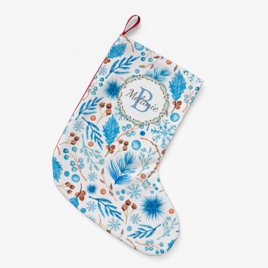 Elegante Winter Waterverf Patroon Monogram Krans Kleine Kerstsok (Voorkant (Hangend))