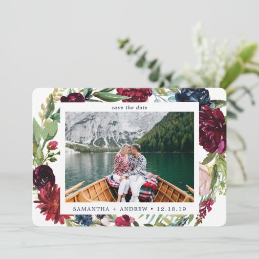 Elegante Winter Wijnrode Waterverf Bloemen Foto Save The Date (Staand voorkant)