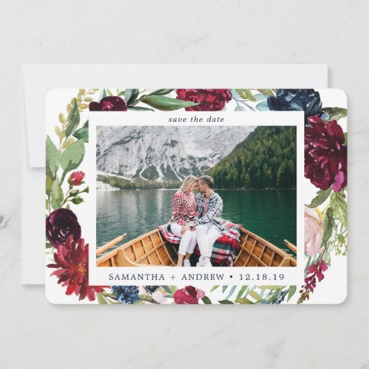 Elegante Winter Wijnrode Waterverf Bloemen Foto Save The Date (Voorkant)