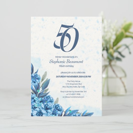 Elegante Winter Wit Blauwe Bloemen 50ste Verjaarda Kaart (Staand voorkant)