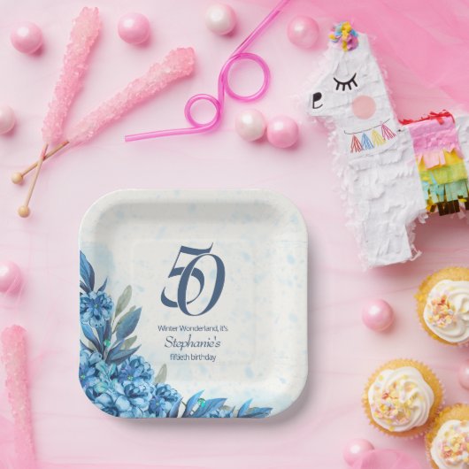 Elegante Winter Wit Blauwe Bloemen 50ste Verjaarda Papieren Bordje (Feest)