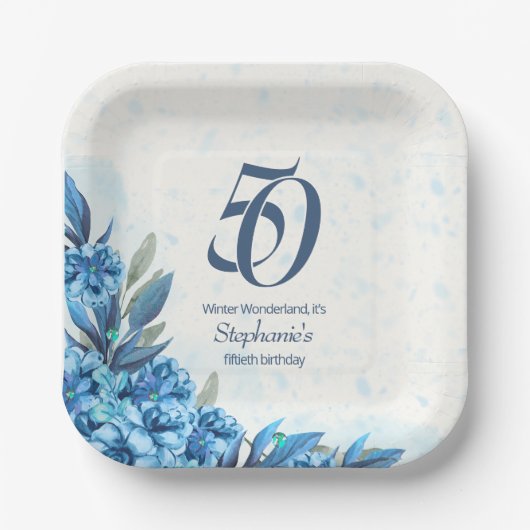 Elegante Winter Wit Blauwe Bloemen 50ste Verjaarda Papieren Bordje (Voorkant)