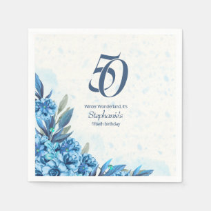 Elegante Winter Wit Blauwe Bloemen 50ste Verjaarda Servet