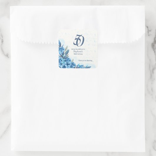 Elegante Winter Wit Blauwe Bloemen 50ste Verjaarda Vierkante Sticker (Tas)