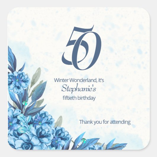 Elegante Winter Wit Blauwe Bloemen 50ste Verjaarda Vierkante Sticker (Voorkant)