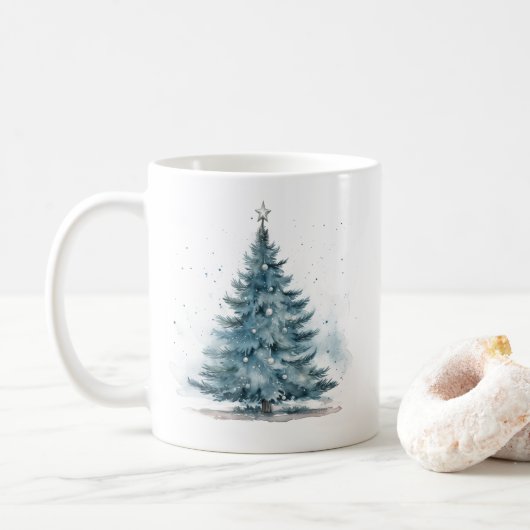 Elegante Winter Wonderland Blauwe Kerstboom Koffiemok (Met donut)