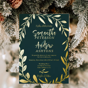 Elegante winter wonderland groene trouwfoto folie uitnodiging