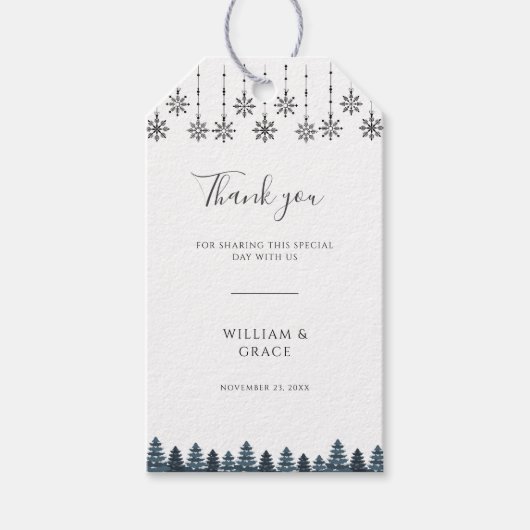 Elegante Winter Wonderland Sneeuwvlokken bruiloft Cadeaulabel (Voorkant)