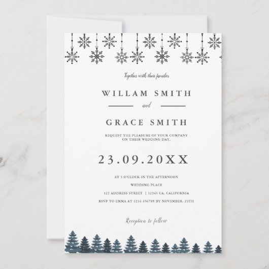Elegante Winter Wonderland Sneeuwvlokken bruiloft Kaart (Voorkant)
