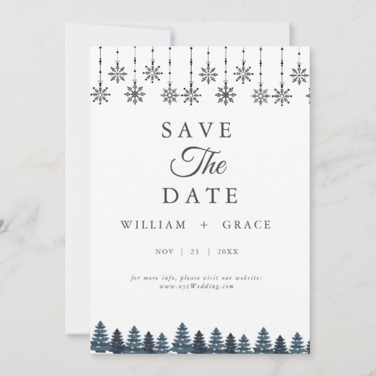 Elegante Winter Wonderland Sneeuwvlokken bruiloft Save The Date (Voorkant)