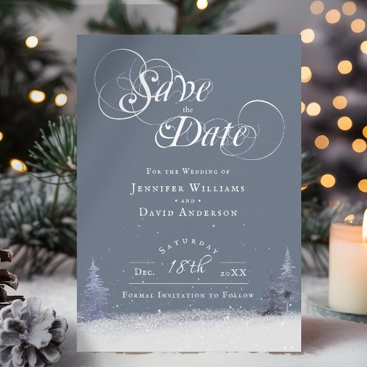 Elegante Winter Wonderland thema stoffige blauwe s Save The Date
