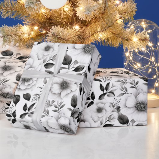 Elegante winter zwart-wit bloemenkerst cadeaupapier (Feestdagen)