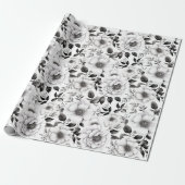 Elegante winter zwart-wit bloemenkerst cadeaupapier (Uitgerold)