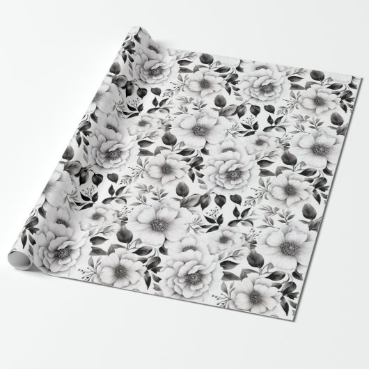 Elegante winter zwart-wit bloemenkerst cadeaupapier (Uitgerold)