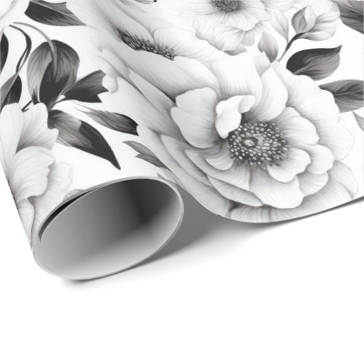 Elegante winter zwart-wit bloemenkerst cadeaupapier (Rol Hoek)